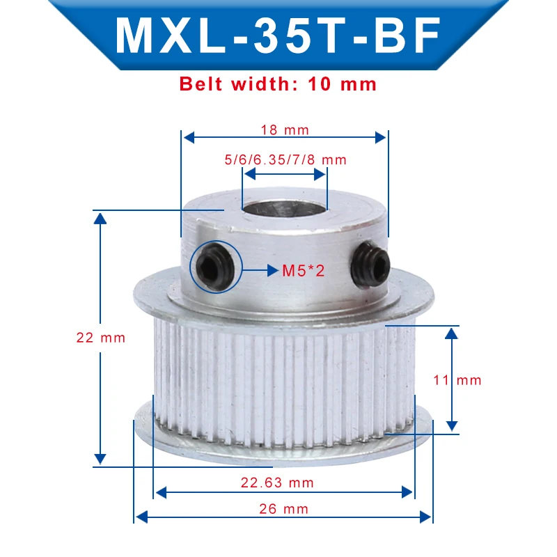2 pcs Pulley MXL-35T Bore Size 5/6/6.35/7/8 mm Belt Pulley Slot Width 11mm Match with Width 10mm MXL-Timing Belt For 3D Printer
2 pcs Pulley MXL-35T Bore Size 5/6/6.35/7/8 mm Belt Pulley Slot Width 11mm Match with Width 10mm MXL-Timing Belt For 3D Printer