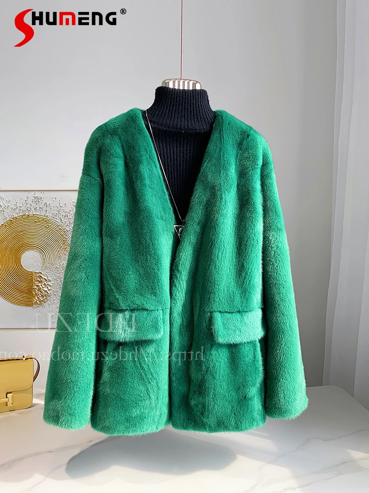 

Зимнее женское цельное меховое пальто средней длины, новинка 2021, зеленое женское модное утолщенное пушистое бархатное пальто из меха норки ...