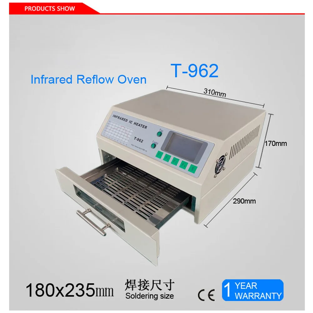 

T-962 110V/220V Desktop Reflow Oven Infrared IC Heater Soldering Machine 800W T962 for BGA SMD SMT Rework 180 x 235mm