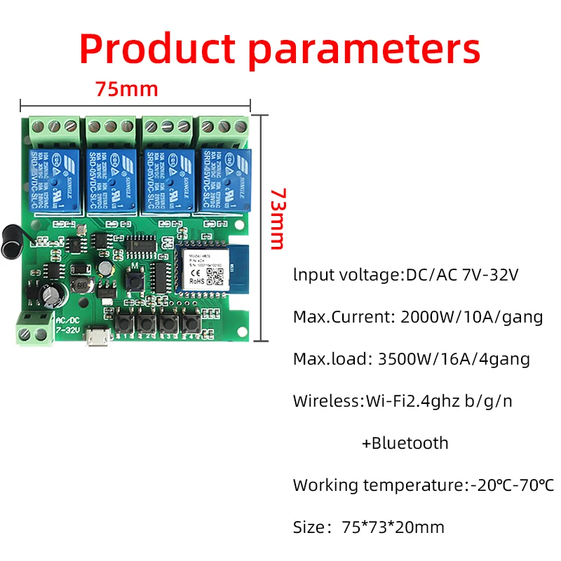 Wifi Smart Light Switch,Wifi Module,4CH DC 5/12/32V RF433 Receive 10A Relays Work with Alexa Google Assistant,Tuya Smart Life
Wifi Smart Light Switch,Wifi Module,4CH DC 5/12/32V RF433 Receive 10A Relays Work with Alexa Google Assistant,Tuya Smart Life