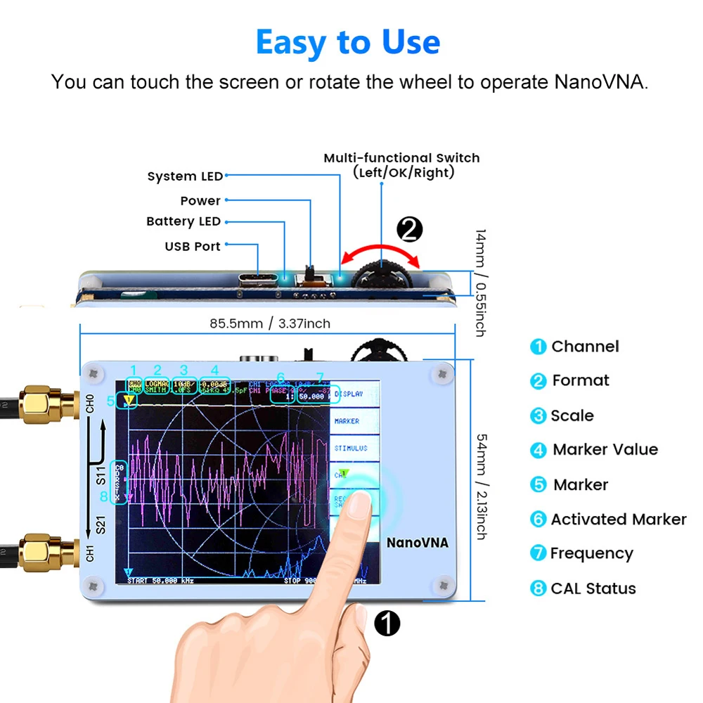 Векторный анализатор сети Nano 50 кгц-900 МГц цифровой сенсорный экран