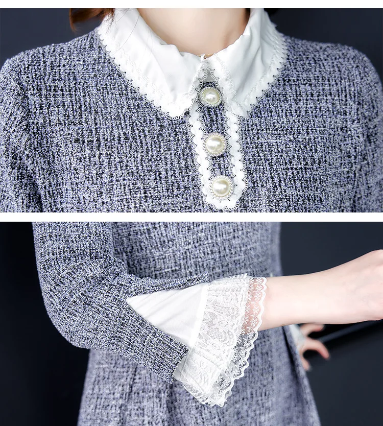 Autumn and winter new ladies temperament nine-point sleeve doll collar small fragrance wind tweed stitching high quality dress
Autumn and winter new ladies temperament nine-point sleeve doll collar small fragrance wind tweed stitching high quality dress