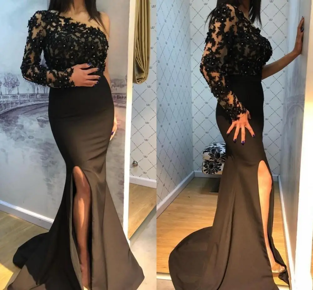 One Shoulder Mermaid Evening Dresses Long Sleeve Lace Appliques Beaded High Side Split Floor Length Prom Party Formal Gowns
One Shoulder Mermaid Evening Dresses Long Sleeve Lace Appliques Beaded High Side Split Floor Length Prom Party Formal Gowns