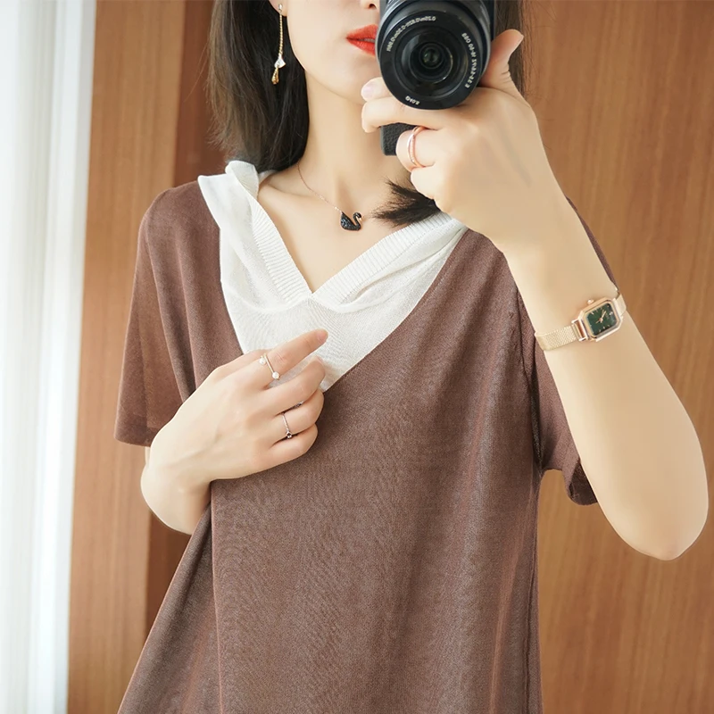 Summer new ladies knitted hooded short-sleeved women's loose short T-shirt cotton and linen tops fashion slim pullover 8 colors
Summer new ladies knitted hooded short-sleeved women's loose short T-shirt cotton and linen tops fashion slim pullover 8 colors