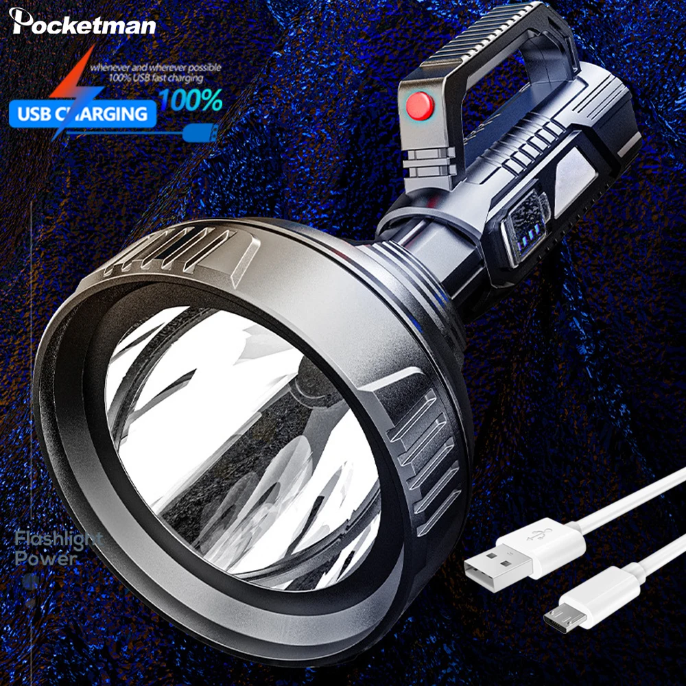 

50000LM Portable Searchlight Big Beam Long-Range Flashlight USB Rechargeable Waterproof Led Torch Outdoor Patrol Flashlight