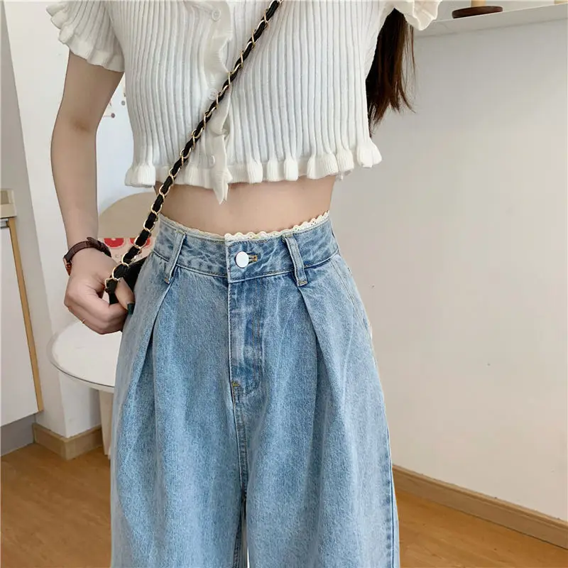Women Jeans Vintage Female Wide Leg Trousers Lace Pleated Womens Clothes Casual Loose 2XL BF High Waist Fashion Korean Style New 
Women Jeans Vintage Female Wide Leg Trousers Lace Pleated Womens Clothes Casual Loose 2XL BF High Waist Fashion Korean Style New