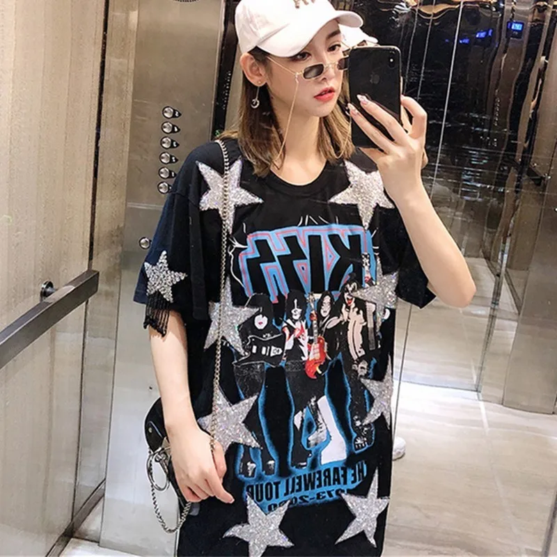 

O-Neck Black Tops Letter Print Summer T Shirt Women Fashion Casual Loose Plus Size Tees Star Pattern Sequin Short Sleeve PJ502