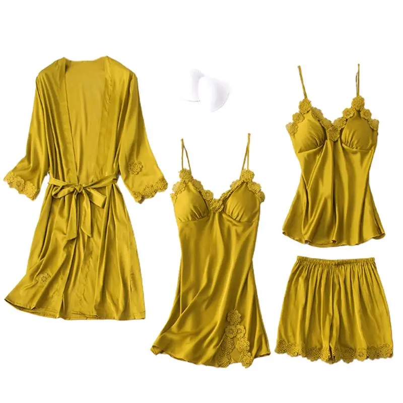 Women Silky 4Pcs Lace Pajamas Sexy Chest Pads Cami Top Shorts Nightgown Robe Set
Women Silky 4Pcs Lace Pajamas Sexy Chest Pads Cami Top Shorts Nightgown Robe Set