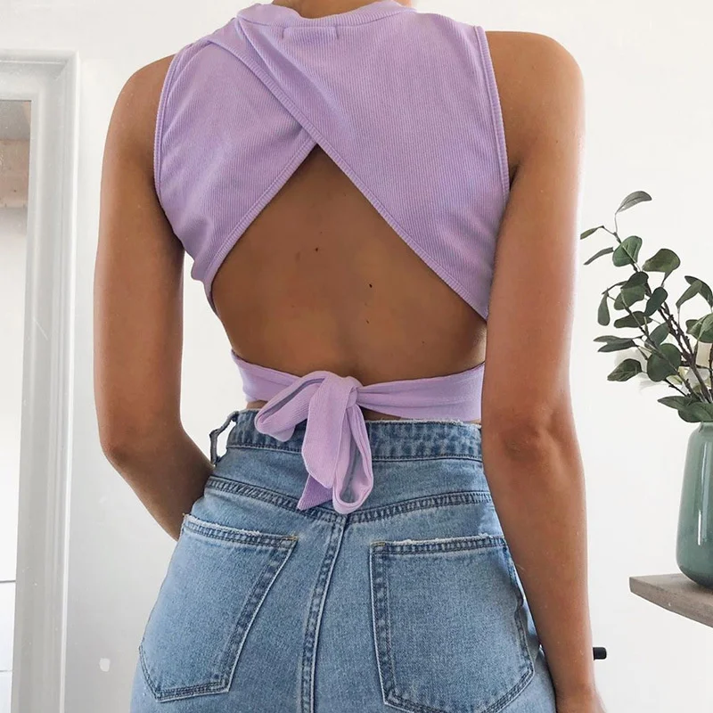Sexy Backless Crop Tops O Neck Ribbed Streetwear Back Bandage Knitted Slim Tank Tops Women Purple Black Clothes Criss Cross Top
Sexy Backless Crop Tops O Neck Ribbed Streetwear Back Bandage Knitted Slim Tank Tops Women Purple Black Clothes Criss Cross Top