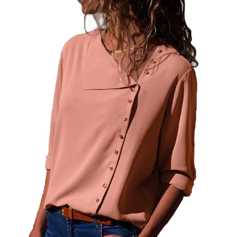 2021 spring and autumn new button diagonal collar long-sleeved chiffon top women's shirt
2021 spring and autumn new button diagonal collar long-sleeved chiffon top women's shirt