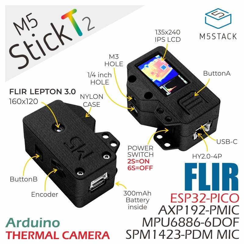 Официальный M5Stack StickT2 ESP32 Термальность Камера комплект разработчика Lepton 3,0 изображений Камера 6-Axis IMU MPU6886
Официальный M5Stack StickT2 ESP32 Термальность Камера комплект разработчика Lepton 3,0 изображений Камера 6-Axis IMU MPU6886