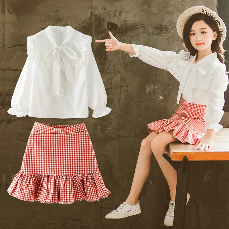 Girls 2020 Spring Autumn Skirt Set Teenager Children Fashion Lace-up Lace Shirt Plaid Fishtail Skirt 2pcs Clothing Sets
Girls 2020 Spring Autumn Skirt Set Teenager Children Fashion Lace-up Lace Shirt Plaid Fishtail Skirt 2pcs Clothing Sets