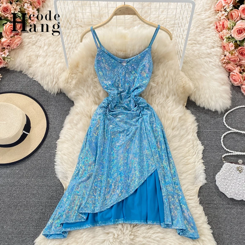 

HangCode Asymmetrical Spaghetti Strap Dress Women 2021 New Arrival Summer Slim Waist Ruched Shining Blue Party Dress Sundress