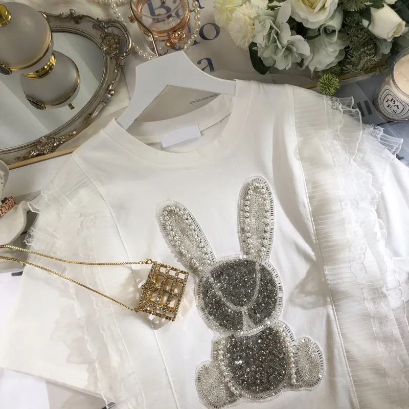 2021 Summer Women Sweet High Street Exquisite Rhinestone Rabbit T-shirt Idle Loose Fashion Ladies Top Round Neck Pullover Tee
2021 Summer Women Sweet High Street Exquisite Rhinestone Rabbit T-shirt Idle Loose Fashion Ladies Top Round Neck Pullover Tee
