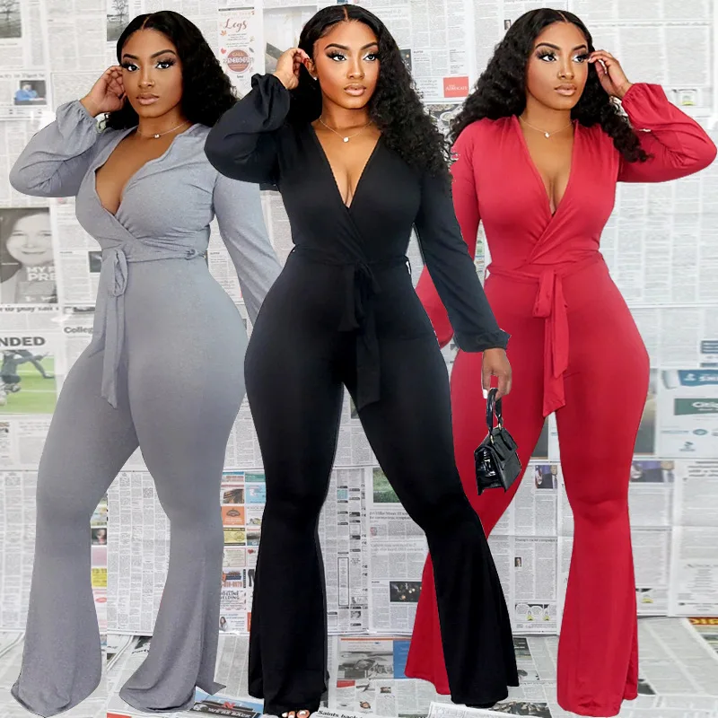 2020 New Fashion Women Bell Bottom Jumpsuit Long Sleeve Deep V Neck Wrap Tie Up One-Piece Romper Solid Color Flare Pants
2020 New Fashion Women Bell Bottom Jumpsuit Long Sleeve Deep V Neck Wrap Tie Up One-Piece Romper Solid Color Flare Pants