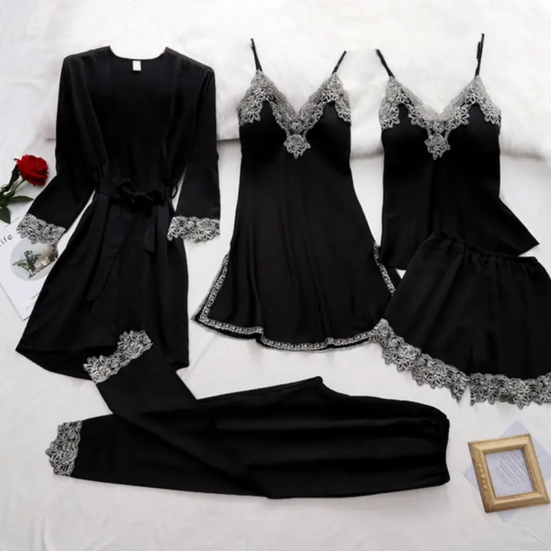 5PC Silk Robe Sleep Suit Womens Lace Satin Pajamas Gown Set V-Neck Cami Nighties Pijama Home Nightwear Spring Nightdress
5PC Silk Robe Sleep Suit Womens Lace Satin Pajamas Gown Set V-Neck Cami Nighties Pijama Home Nightwear Spring Nightdress