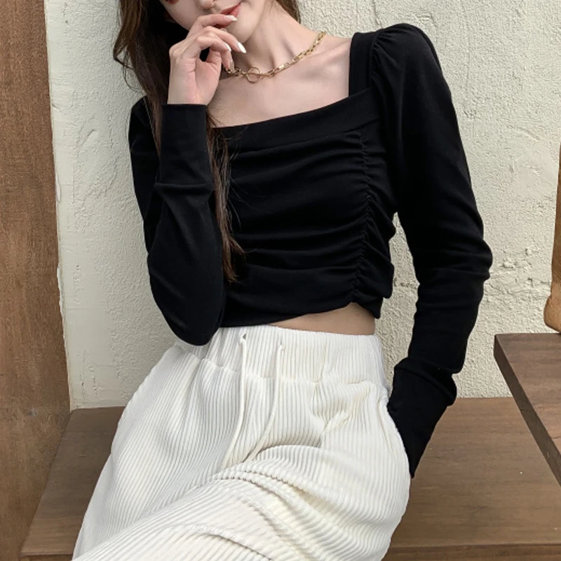 Spring Women's Plain HK Style Cotton T Shirt Slim Pleated Long Sleeve Tee Square Collar Casual All Match Tops Lady 2021 T12968X
Spring Women's Plain HK Style Cotton T Shirt Slim Pleated Long Sleeve Tee Square Collar Casual All Match Tops Lady 2021 T12968X