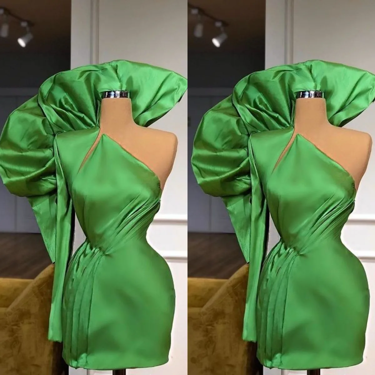 

Ярко-зеленые коктейльные платья на одно плечо, плиссированная одежда для выпускного вечера, короткое вечернее платье с длинным рукавом, жен...