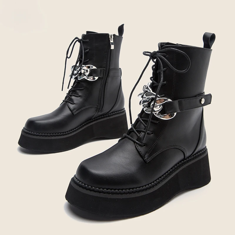 Women Platforms Boots 2021 Fashion Female Soft Ankle Booties Leather Round Toe Lace-up Combat Boots Ladies Black Chunky Shoes
Women Platforms Boots 2021 Fashion Female Soft Ankle Booties Leather Round Toe Lace-up Combat Boots Ladies Black Chunky Shoes