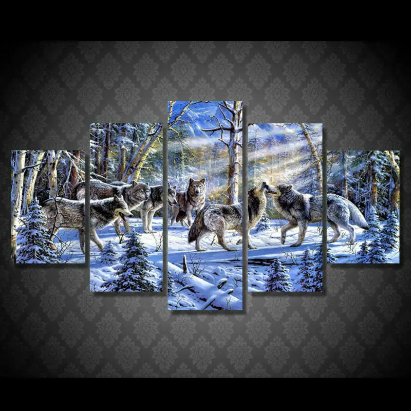 

No Framed Canvas 5Pcs Wolf Team in Winter forest Wall Art Posters Pictures Home Decor Paintings Decorations