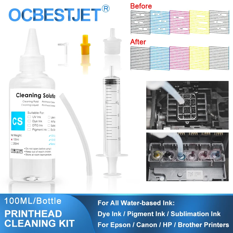

Чистящий раствор 100 мл, жидкие чернила на водной основе, Печатная головка, очиститель красителя/пигмента/сублимационных чернил для принтера Epson/HP/Canon/Brother