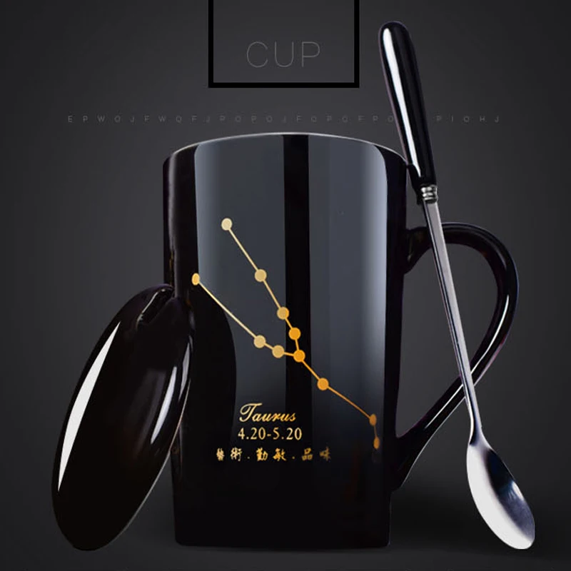 Ceramic cup 12 constellation creative cup with spoon lid, black and gold ceramic milk coffee cup
Ceramic cup 12 constellation creative cup with spoon lid, black and gold ceramic milk coffee cup