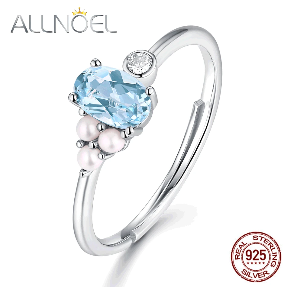 ALLNOEL настоящее 925 пробы серебряные кольца для женщин 100% натуральный голубой топаз