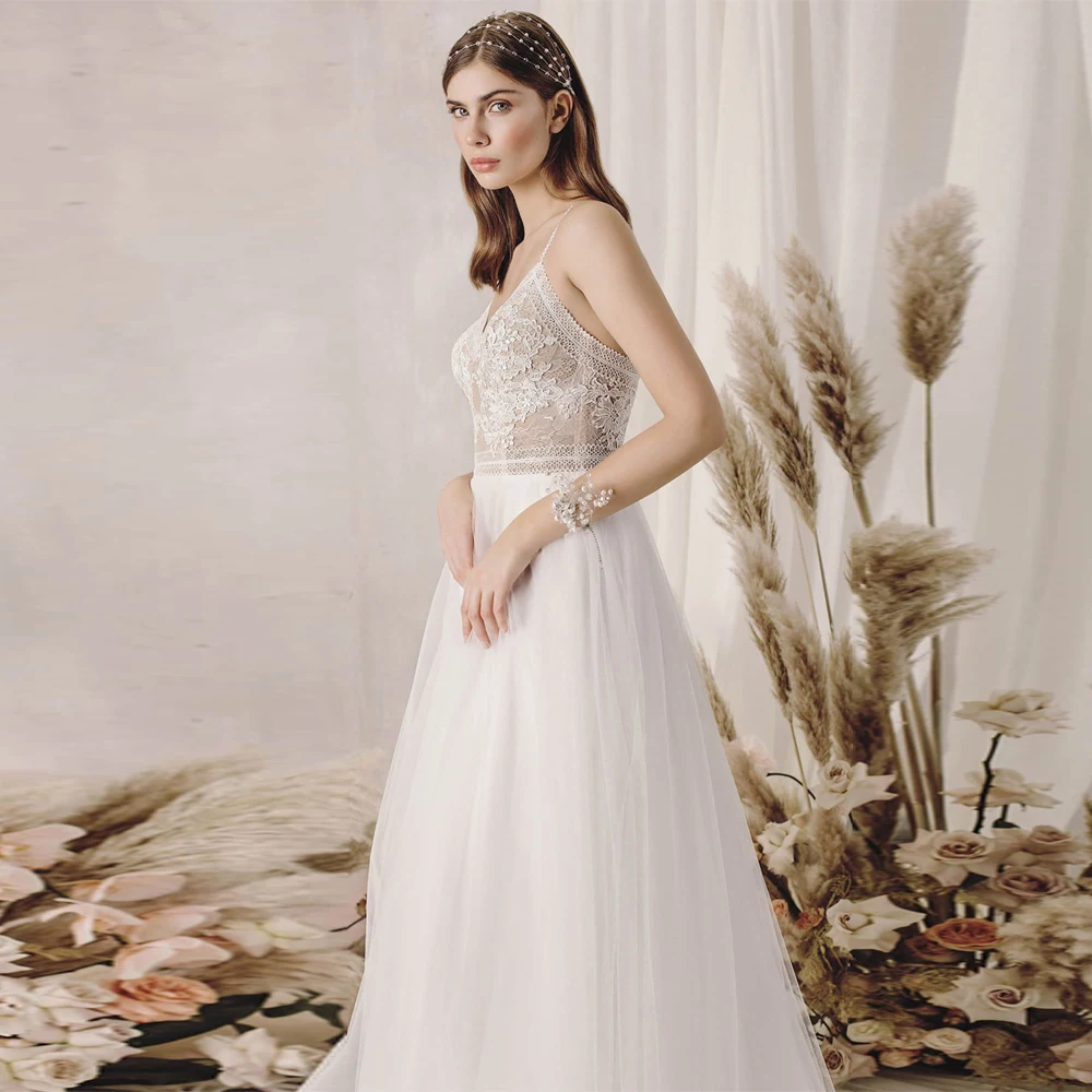 Vestidos Elegant Wedding Dresses Tulle Illusion Lace Appliques V-Neck Spaghetti Straps Zipper Ball Bridal Gowns
Vestidos Elegant Wedding Dresses Tulle Illusion Lace Appliques V-Neck Spaghetti Straps Zipper Ball Bridal Gowns