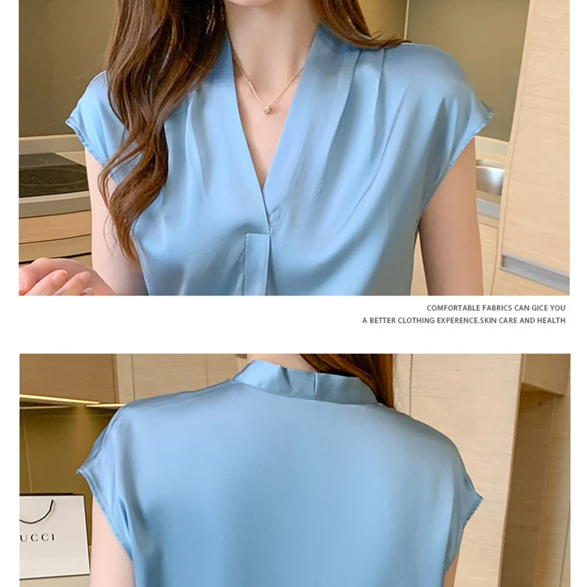 Summer Satin Silk Blouse Basic Tops Women V-Neck Solid Elegant Shirt Lady Office Shirts Female Korean Fashion Blusa Mujer
Summer Satin Silk Blouse Basic Tops Women V-Neck Solid Elegant Shirt Lady Office Shirts Female Korean Fashion Blusa Mujer