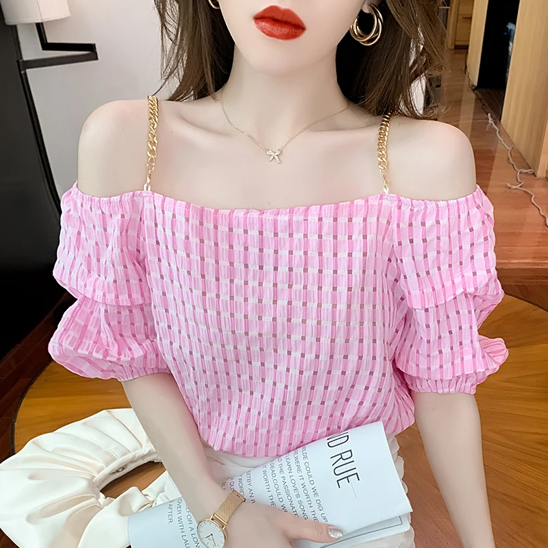 605 # to film! 2021 summer sexy sling a word shoulder sling chain pearl chiffon blouse
605 # to film! 2021 summer sexy sling a word shoulder sling chain pearl chiffon blouse