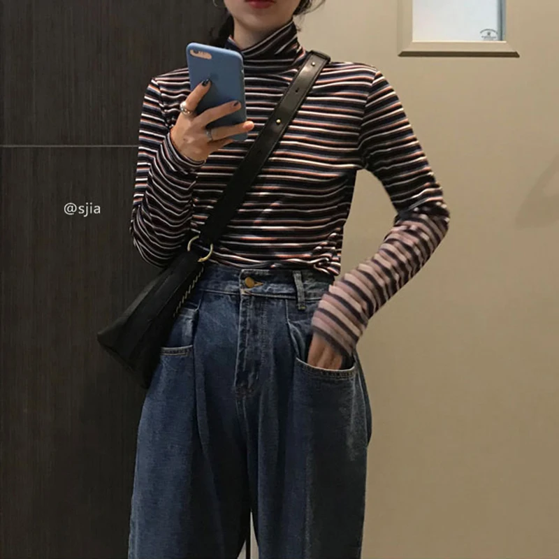 Korean Fashion Clothing Turtleneck Striped Woman Tshirts Slim Long Sleeve Ins Ladies Tops Spring Autumn Hipster New Casual Tees