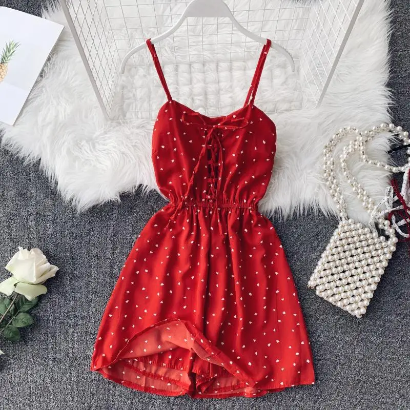 Summer Suspender Jumpsuit Wide Leg Shorts Holiday Bohemian Style Cute Small Heart Bow Chiffon Jumpsuit Red Black and White Honey 
Summer Suspender Jumpsuit Wide Leg Shorts Holiday Bohemian Style Cute Small Heart Bow Chiffon Jumpsuit Red Black and White Honey