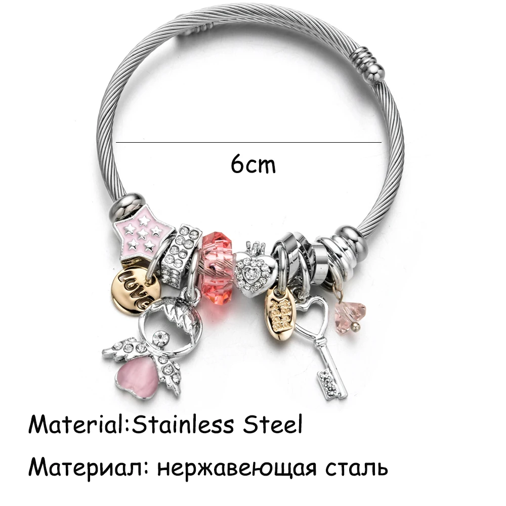 Женский браслет с подвеской Angel Key регулируемый из нержавеющей стали кристаллами