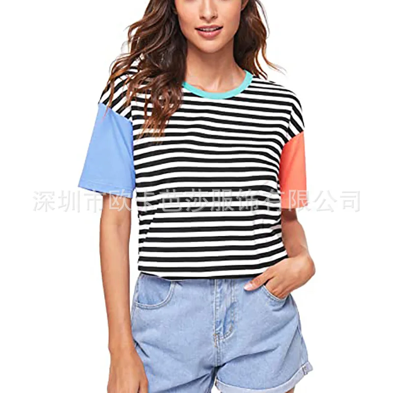 Fashion stripe splicing short sleeve T-shirt women's 2021 spring summer contrast top 
Fashion stripe splicing short sleeve T-shirt women's 2021 spring summer contrast top