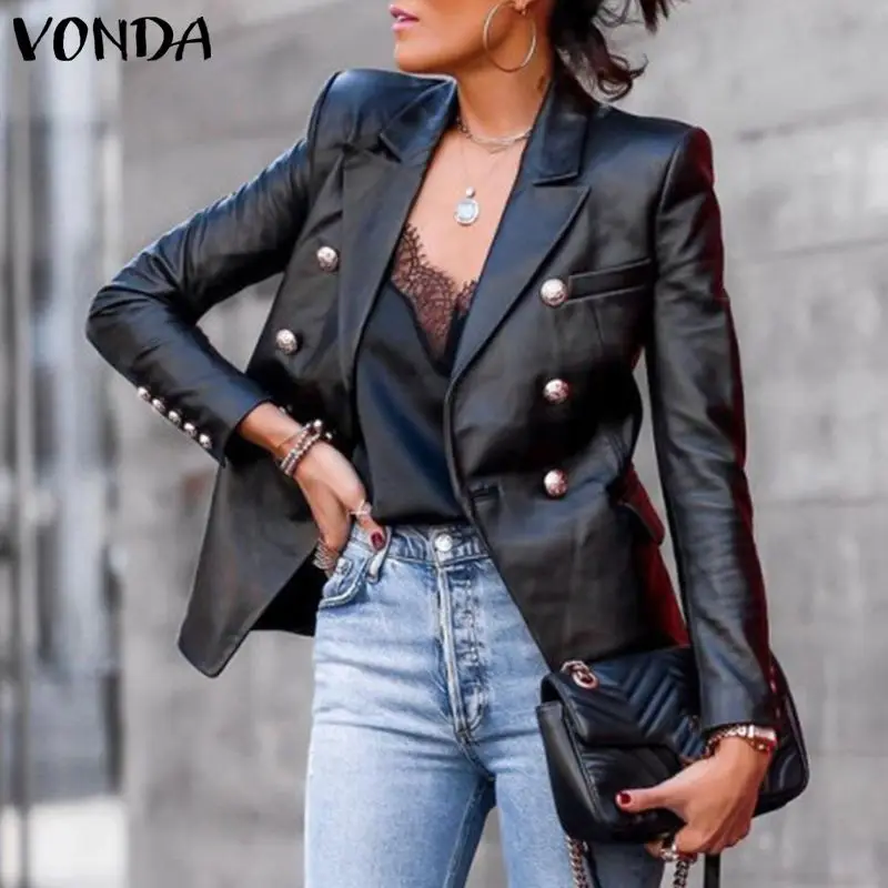 2021 Women VONDA Elegant PU Leather Blazer Female Coats Casual Lapel Collar Party Coats Female Long Sleeve Suit Blazer Feminina
2021 Women VONDA Elegant PU Leather Blazer Female Coats Casual Lapel Collar Party Coats Female Long Sleeve Suit Blazer Feminina