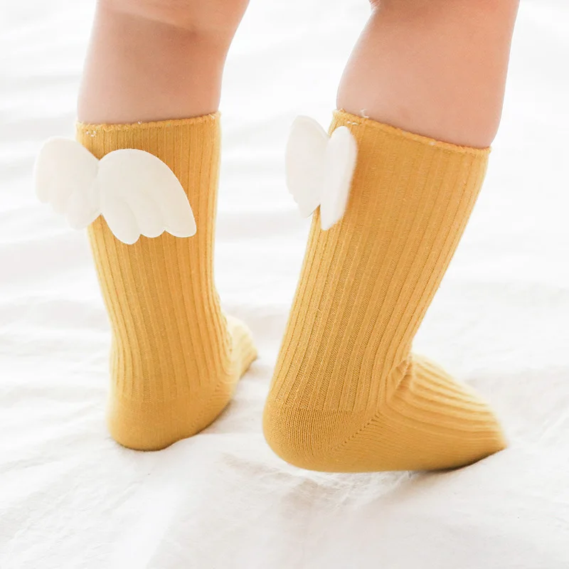 

New Baby Girls Knee High Socks Angel Wing Summer Autumn Cotton Socks Solid Candy Color Children Toddler Short Sock For Kids 0-3T