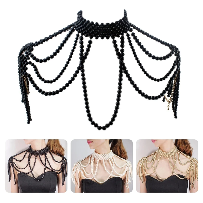 

Simulated Pearl Beads Body Necklace for Women Fake Collar Bib Jewelry Shoulder Chain Tassels Harness Choker Dickey