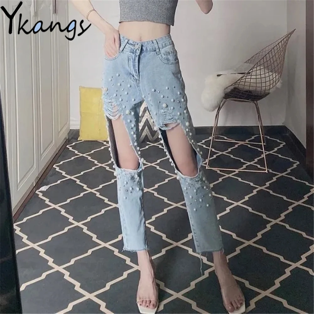 Big Ripped Hole Pearl Beading High Street Summer Women Straight Jeans Blue Pockets Denim Pants Bare Knees Hippie Harem Trousers
Big Ripped Hole Pearl Beading High Street Summer Women Straight Jeans Blue Pockets Denim Pants Bare Knees Hippie Harem Trousers