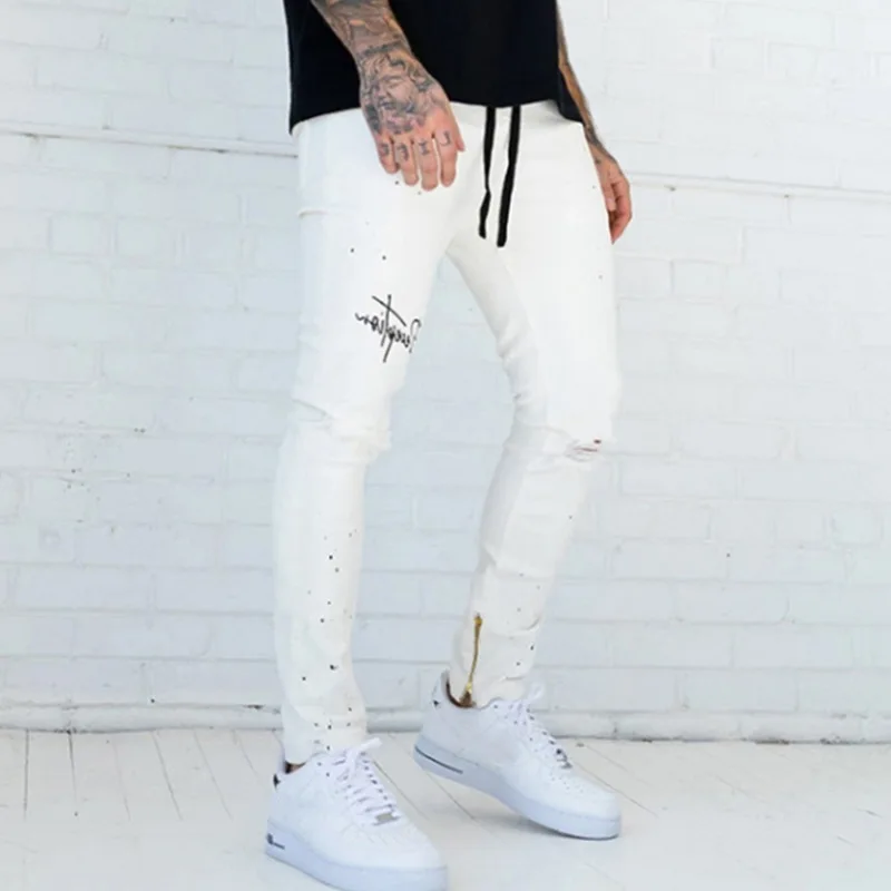 White Men Skinny Destroyed Jeans Knee Ripped Hole Letter Print Slim Fit Hip Hop Denim Pants Men Streetwear Jogger Jeans
White Men Skinny Destroyed Jeans Knee Ripped Hole Letter Print Slim Fit Hip Hop Denim Pants Men Streetwear Jogger Jeans