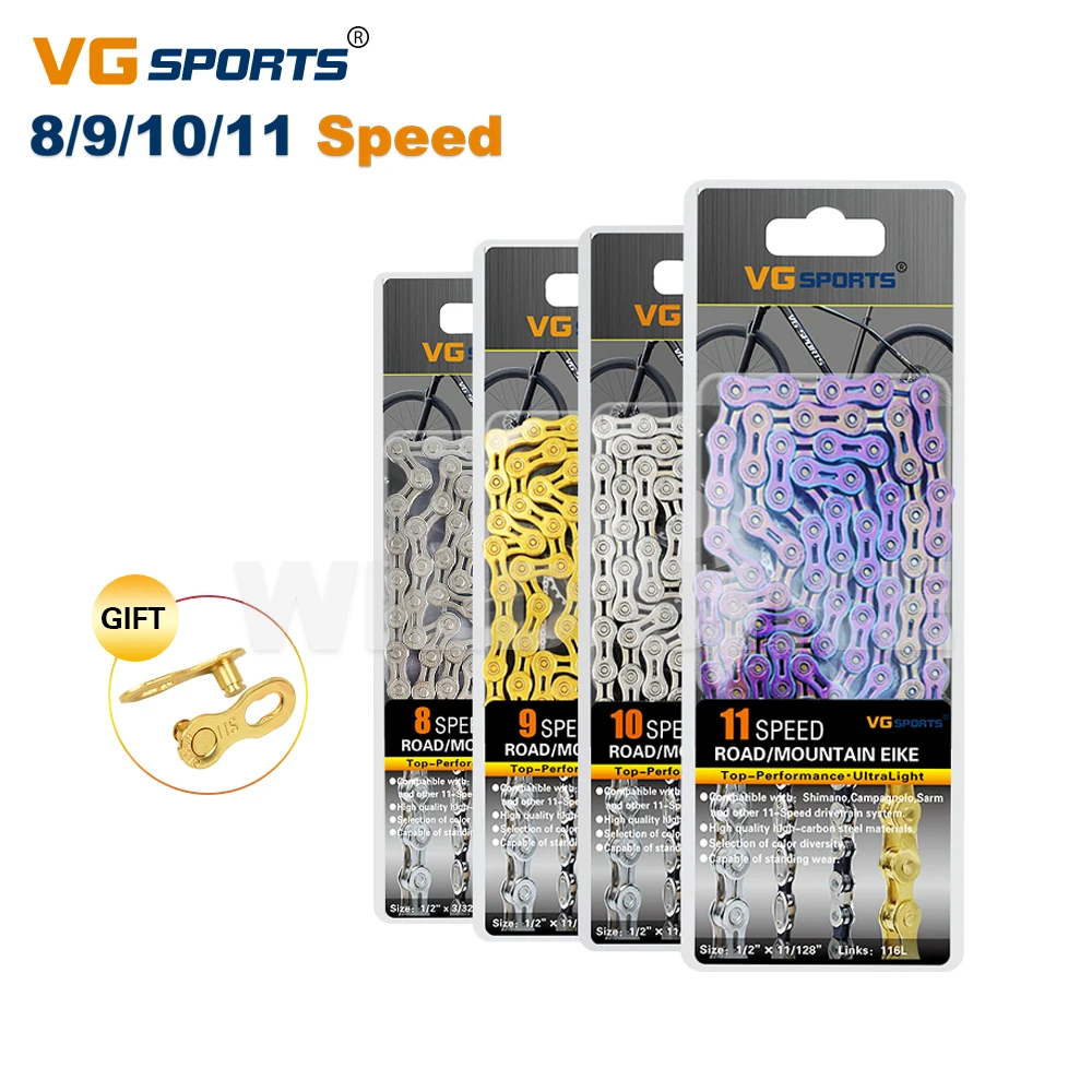 VG Sports 8 9 10 11speed Bicycle chain silver gold colorful half hollow mountain road bike full hollow chains ultralight 116L
VG Sports 8 9 10 11speed Bicycle chain silver gold colorful half hollow mountain road bike full hollow chains ultralight 116L