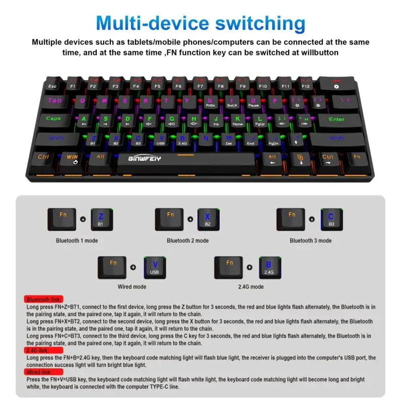 JX300 Blue Switch Luminous Mechanical Keyboard 2.4G Wireless Bluetooth Three-mode Gaming Keyboard Portable 61 Keys For Gamers
JX300 Blue Switch Luminous Mechanical Keyboard 2.4G Wireless Bluetooth Three-mode Gaming Keyboard Portable 61 Keys For Gamers