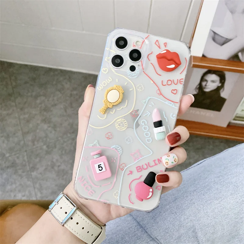 3D Cute Woman Cosmetics Phone Case For iPhone XS 12 mini 11 Pro Max 7 8 Plus X XR SE 2020 Protection Capa Transparent Soft Cover | Мобильные