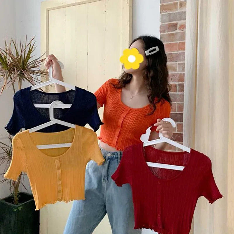 Sexy Slim Knit Short T-shirt Korean Wooden Ear Solid Color Casual Wild O-neck Short Sleeve T-shirt For Women
Sexy Slim Knit Short T-shirt Korean Wooden Ear Solid Color Casual Wild O-neck Short Sleeve T-shirt For Women