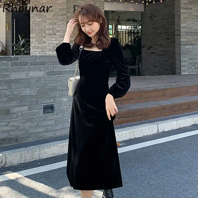 

Velvet Dresses Women French Style Tender Lady Retro Solid Simple Midi Vestdios Autumn Long Sleeve Female Feminine Leisure Party