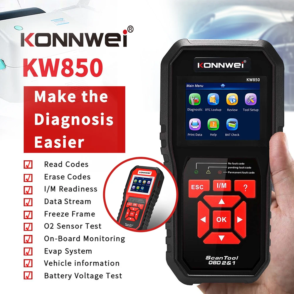 Сканер KONNWEI KW850 OBD2, полный набор функций OBDII, проверка двигателя, датчик кислорода, тест батареи, PK Launch CR3008, считыватель кода
Сканер KONNWEI KW850 OBD2, полный набор функций OBDII, проверка двигателя, датчик кислорода, тест батареи, PK Launch CR3008, считыватель кода