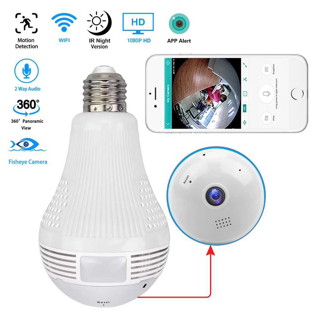Fisheye Smart IP CCTV Camera LED Lamp 360 View Degree Panoramic Camera Bulb WiFi Surveillance Camera Night Vision Two Way Audio
Fisheye Smart IP CCTV Camera LED Lamp 360 View Degree Panoramic Camera Bulb WiFi Surveillance Camera Night Vision Two Way Audio