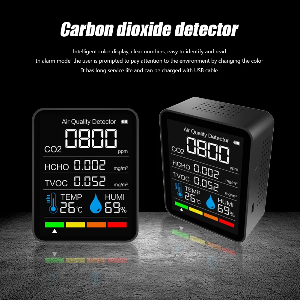 Цифровой тестер температуры и влажности, измеритель CO2 с Bluetooth, с цветным дисплеем, TVOC, HCHO, 5 в 1
Цифровой тестер температуры и влажности, измеритель CO2 с Bluetooth, с цветным дисплеем, TVOC, HCHO, 5 в 1