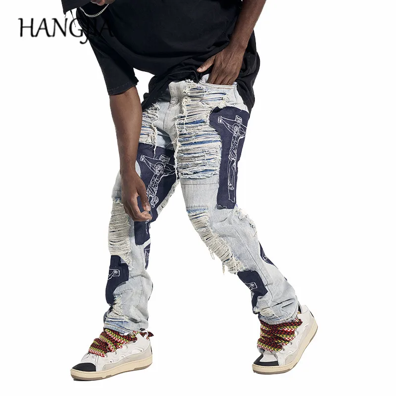 

Street Distressed Washed Destroys Biker Jeans Swag Jesus Cross Patches Straight Denim Trousers for Men Blue Ripped Slim Fit Jean