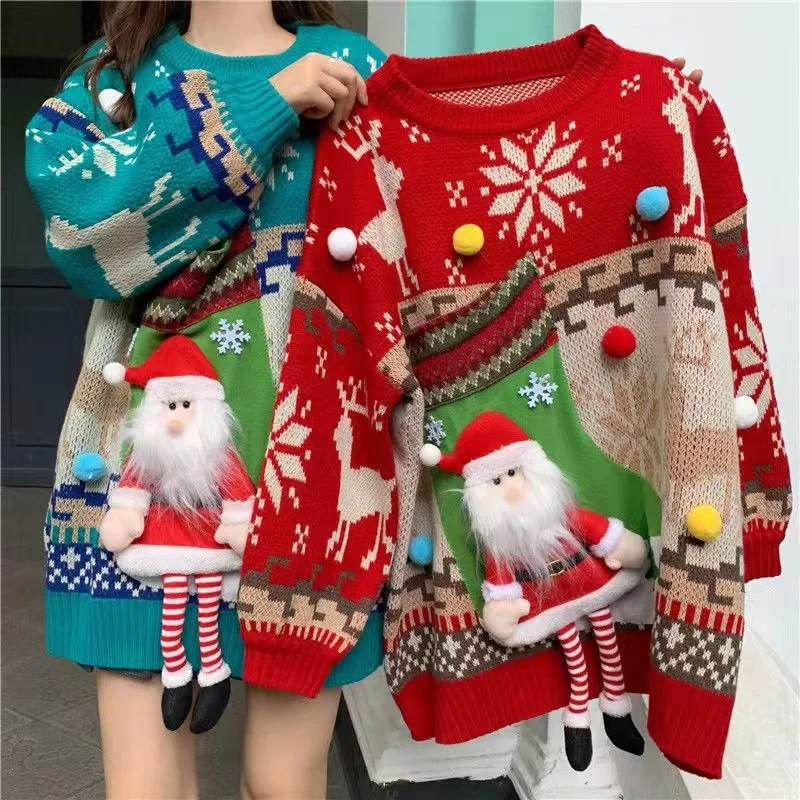 Фото Рождественский свитер 2021 зимний свободный женский в Корейском стиле с