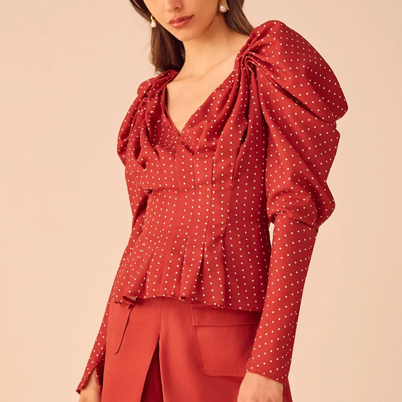 Женская блузка с пышными рукавами, Красная приталенная блузка в горошек с V-образным вырезом, весна 2020
Женская блузка с пышными рукавами, Красная приталенная блузка в горошек с V-образным вырезом, весна 2020
